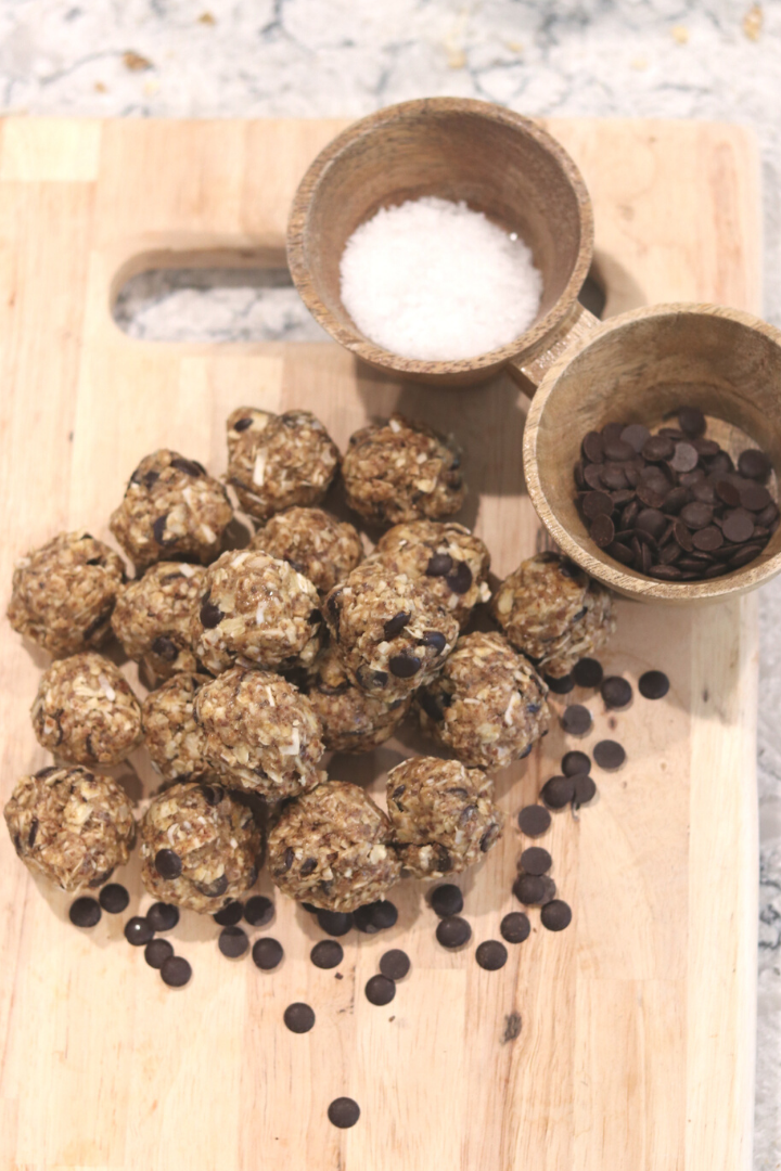 Cacao Protein Bites on a cutting board