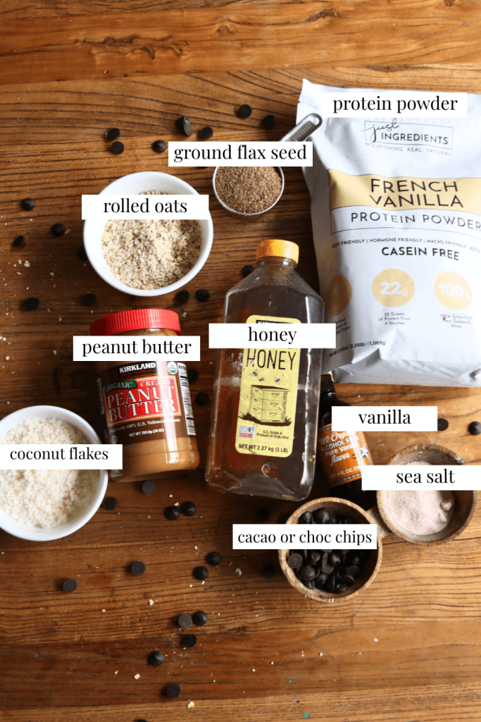 Peanut Butter Protein Balls Ingredients laid out on a table