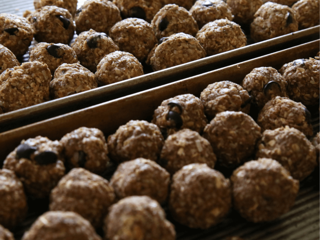 Peanut Butter Protein Balls on a tray with vanilla and chocolate just ingredients protein powder