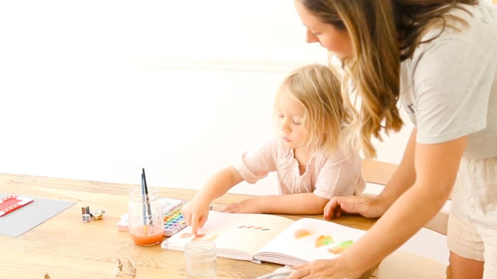 Woman working with little girl on watercolor