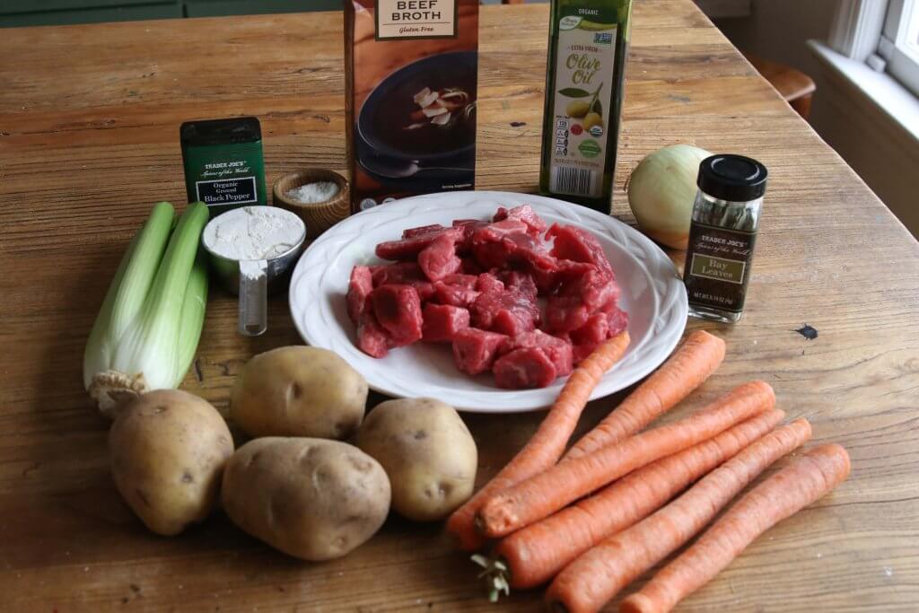 beef stew ingredients laid out