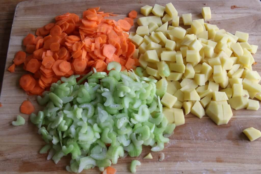 potatoes, carrots, celery cut